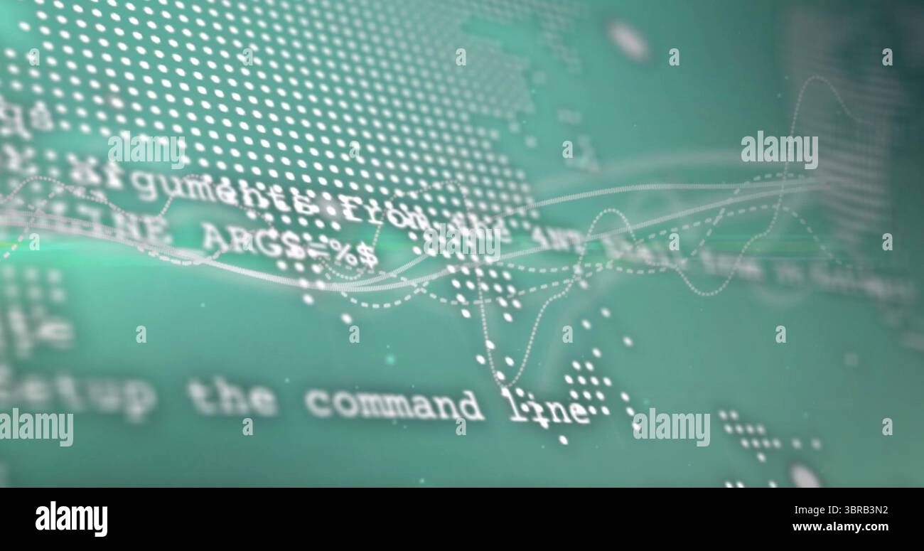 Displaying virtual interface with code snippets and waveform lines over dotted world map markers Stock Photo