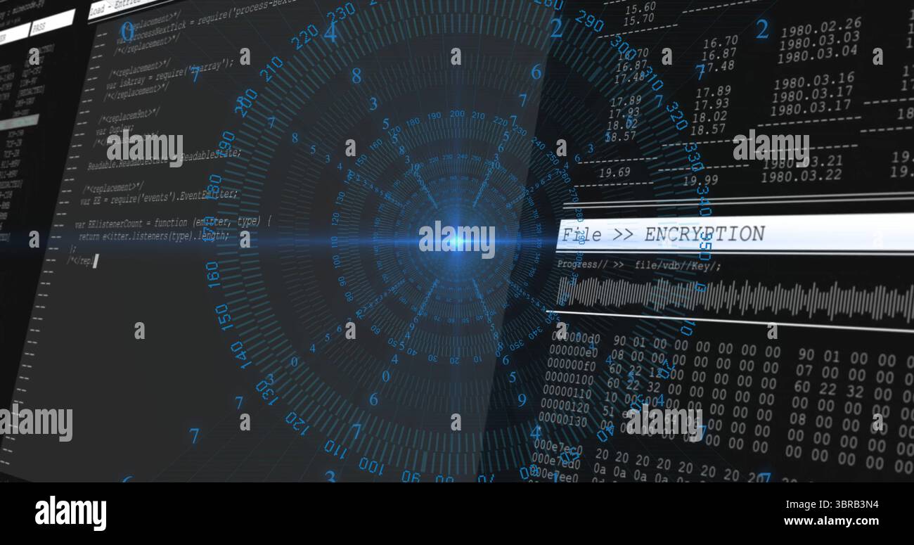 Displaying glowing interface on PC with code panel data grids and encryption progress bar Stock Photo