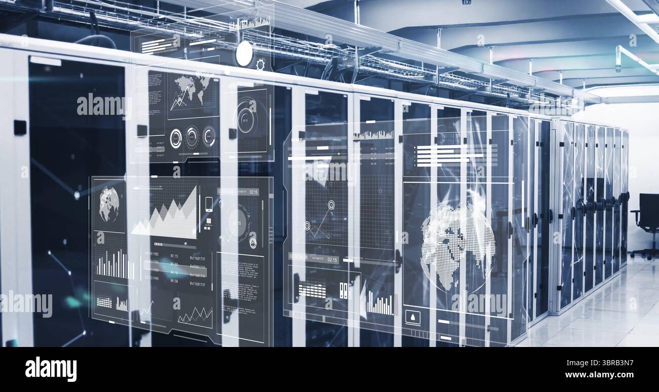 Displaying server racks lining data center aisle, with holographic overlays and office chair at end Stock Photo