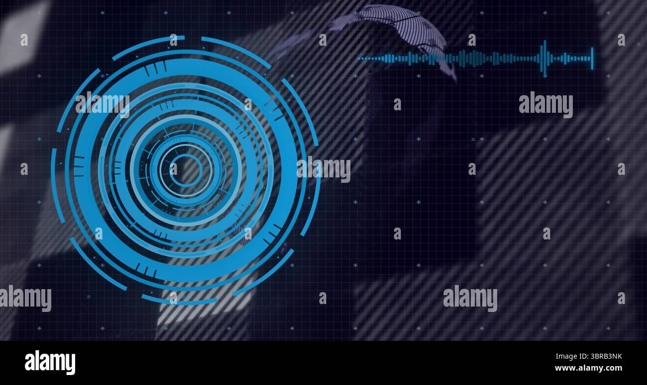 Displaying blue concentric interface on grid dashboard with waveform graph and map silhouette Stock Photo