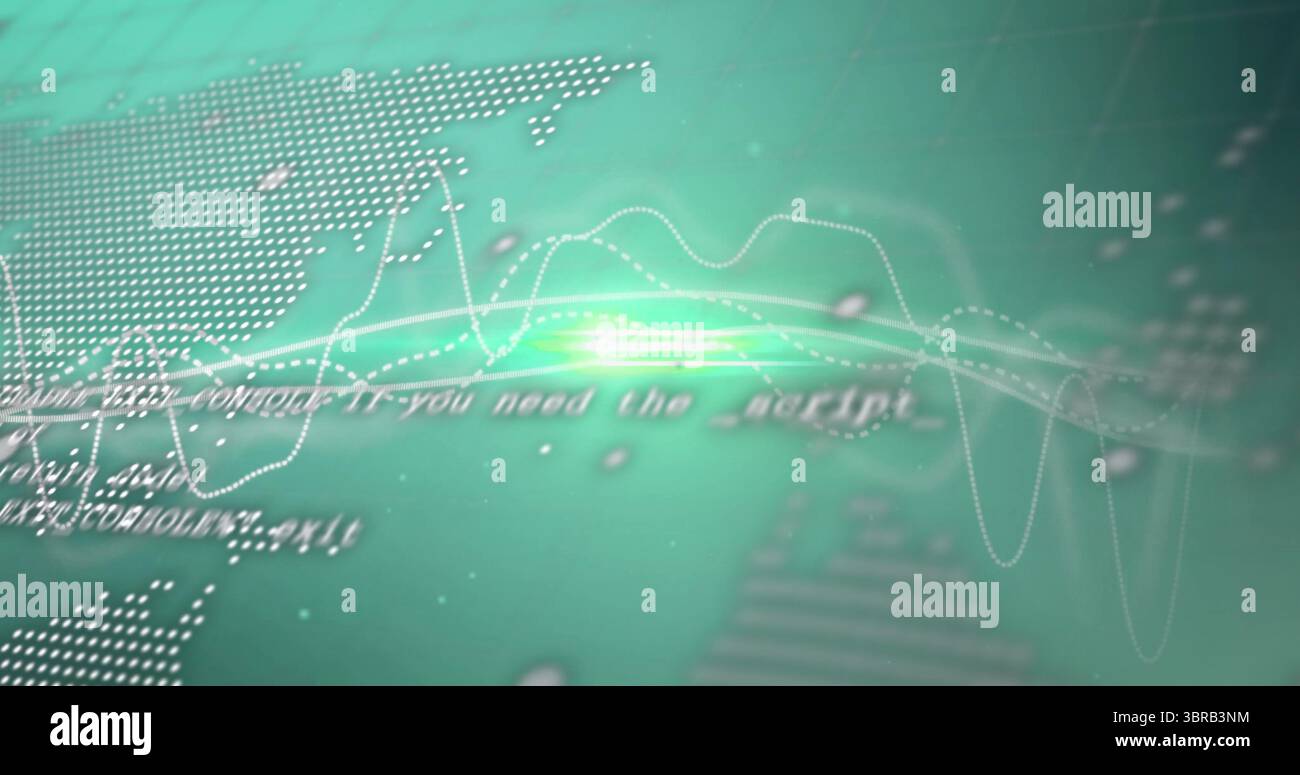 Pulsing green light node streaming data traces on digital panel, showing blurred code and world map Stock Photo
