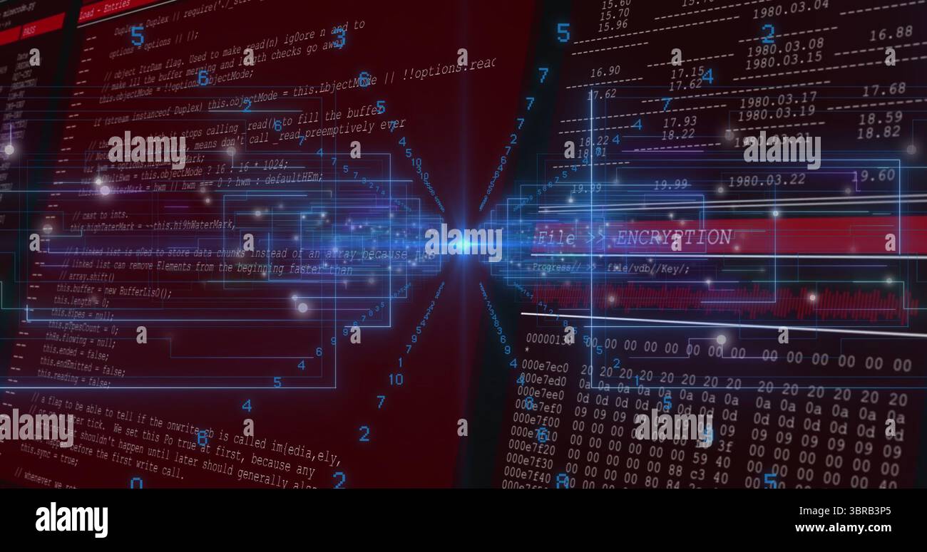 Radiating central glowing node streaming data across security interface, with code lines, hex dumps Stock Photo