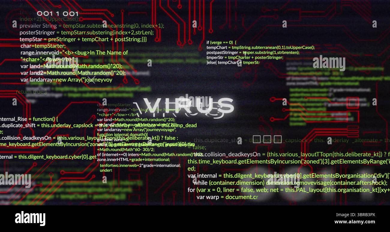 Showing glitch-styled VIRUS text hovering over red circuit board backdrop, with code overlays Stock Photo