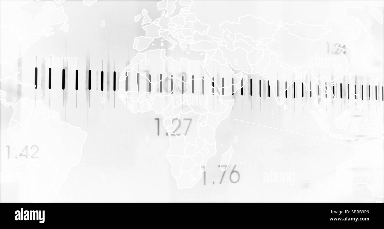 Displaying grayscale world map with vertical data bars on analytics interface, with numeric labels Stock Photo