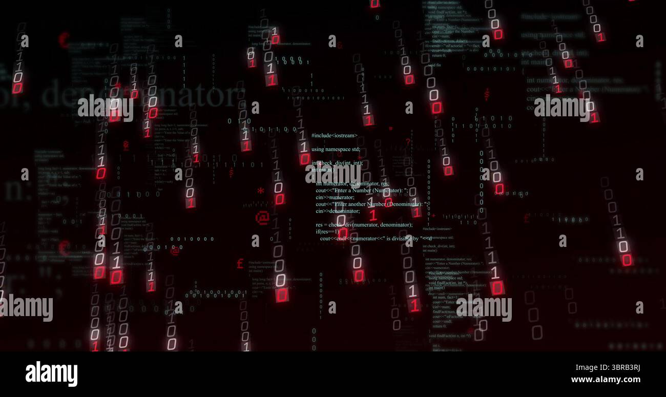 Streaming binary digits, green code fragments and syntax elements in code matrix with red squares Stock Photo