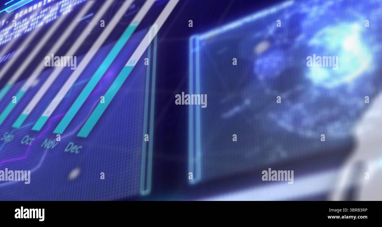 Displaying holographic bar chart panel floating in grid interface, with radial data visualization Stock Photo