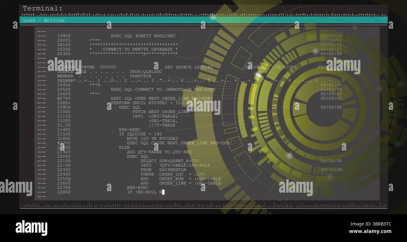 Displaying terminal window showing line-numbered SQL code on desktop, with HUD overlay, copy space Stock Photo
