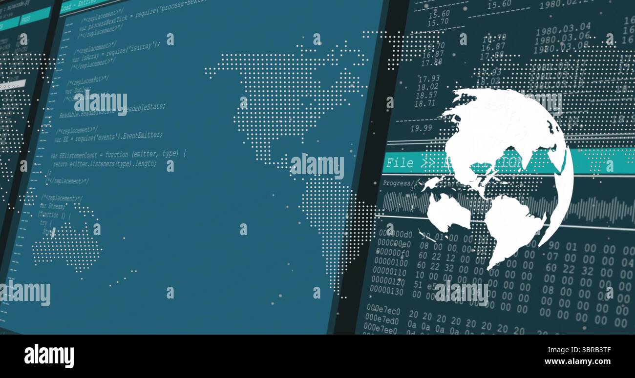 Displaying panels on dashboard, with code panel, dotted world map, and white globe icon, copy space Stock Photo