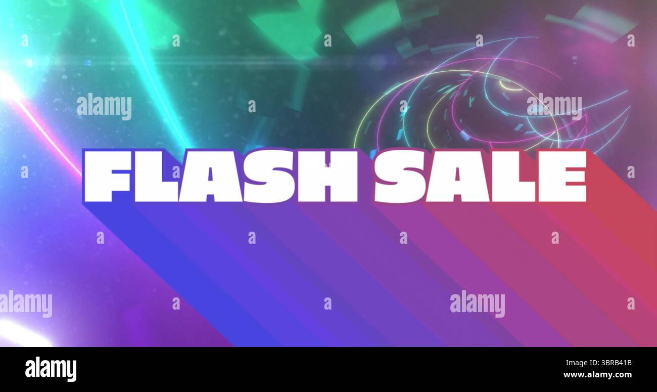 Displaying bold FLASH SALE text over neon beams, gradient stripes on graphic backdrop with flares Stock Photo