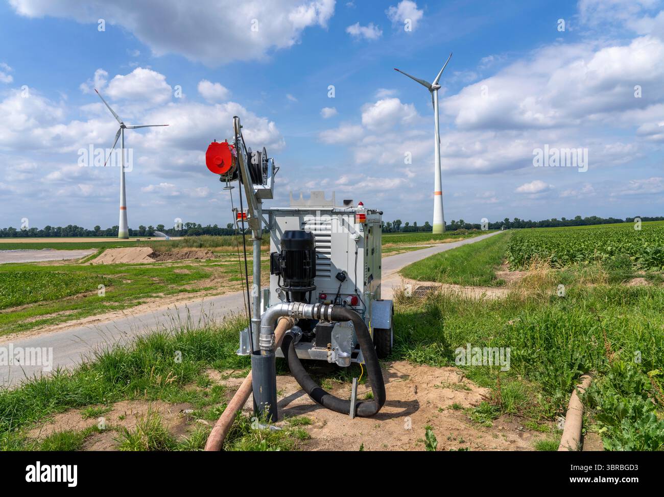 Mobile pump for artificial irrigation with a sprinkler system on a field where sugar beets are grown. The water is pumped from a well east of Kerken, Stock Photo