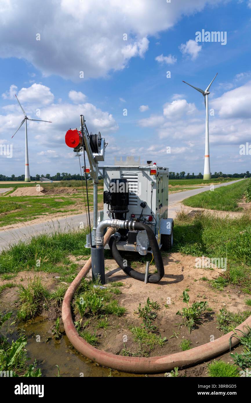 Mobile pump for artificial irrigation with a sprinkler system on a field where sugar beets are grown. The water is pumped from a well east of Kerken, Stock Photo