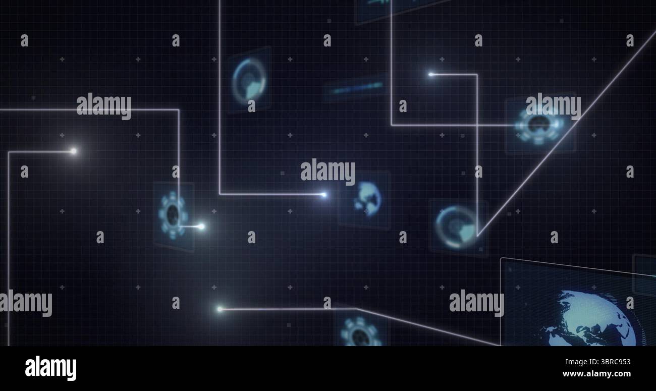 Displaying digital interface on grid with gridlines, glowing node connections and tech icons Stock Photo