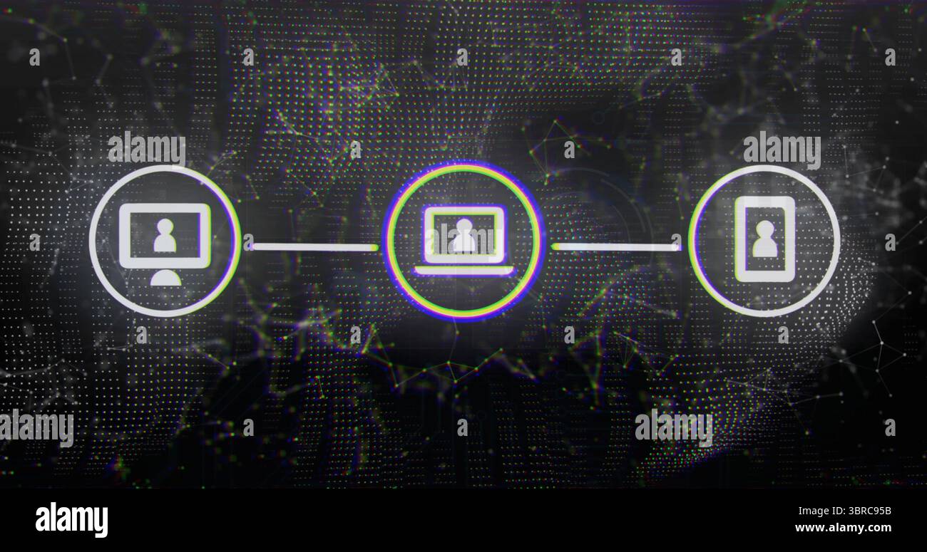 Central laptop glowing with halo in network, with monitor and smartphone connecting through nodes Stock Photo