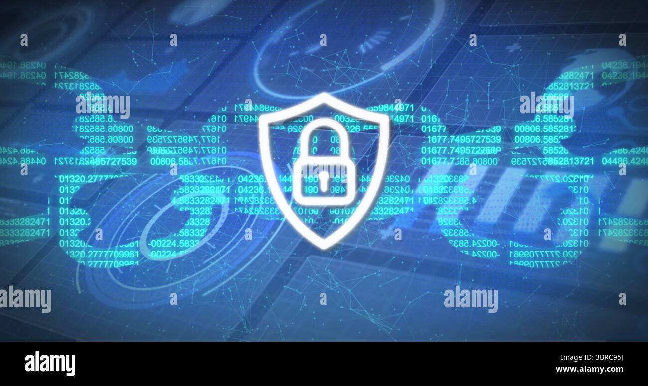 Displaying shield with padlock icon securing virtual network, with floating code and data rings Stock Photo