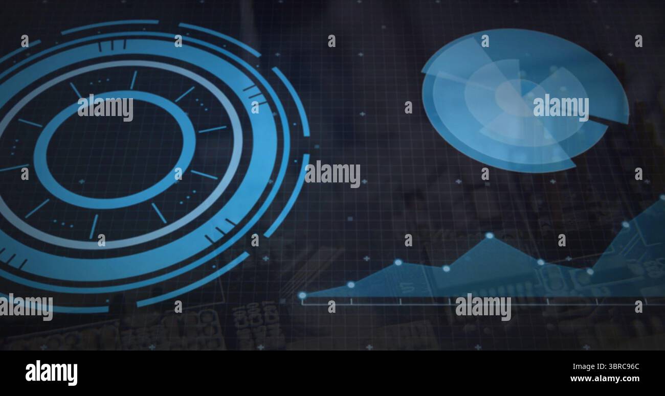 Displaying concentric HUD element on grid interface, with pie chart, line graph, glowing data dots Stock Photo