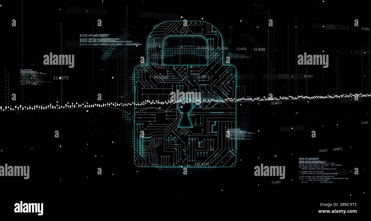 Displaying circuit padlock on screen, with dotted waveform, numeric data overlays and code snippets Stock Photo
