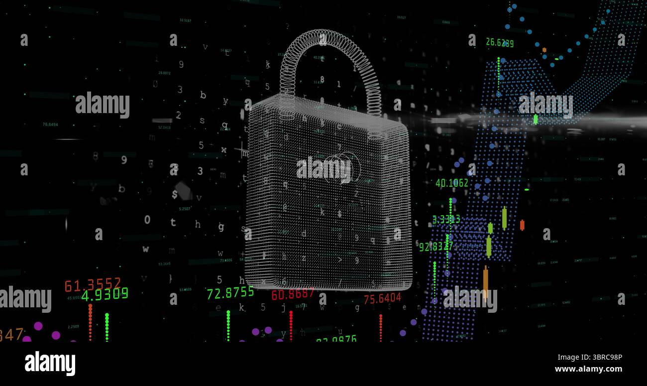 Floating white wireframe 3D padlock hovering over digital dashboard, with code and candlestick bars Stock Photo