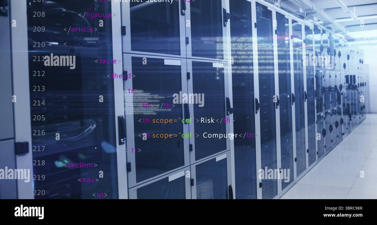 Displaying server rack cabinets with LED lights in data center corridor, with code overlay text Stock Photo