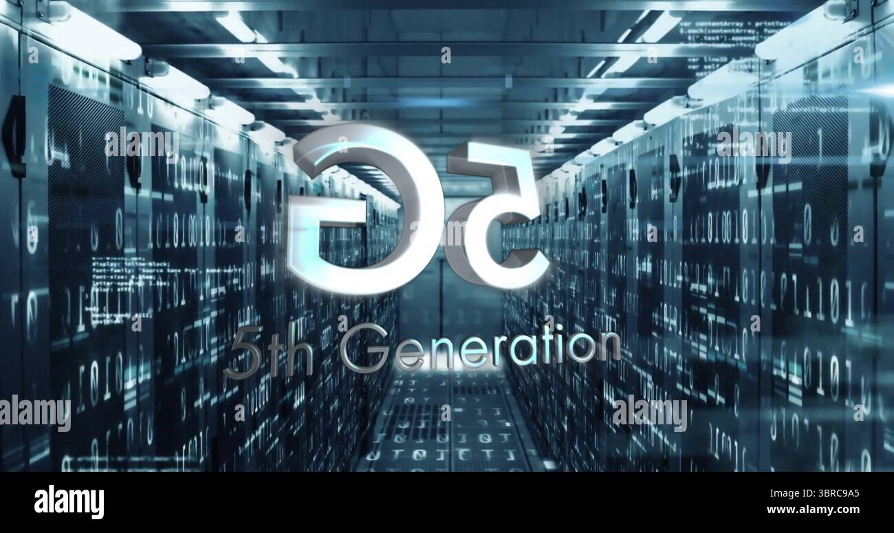 Hovering glowing 5G icon floating inside data center corridor, with digital binary code projections Stock Photo