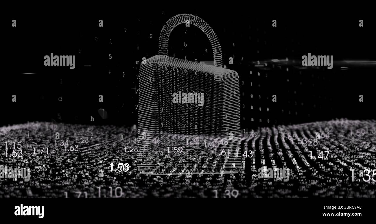 Floating wireframe padlock hovering over digital dot grid, with numerical code fragments drifting Stock Photo