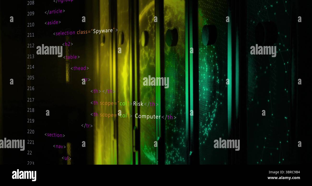 Server racks displaying globe network projection in data center, with LED lights and code overlay Stock Photo