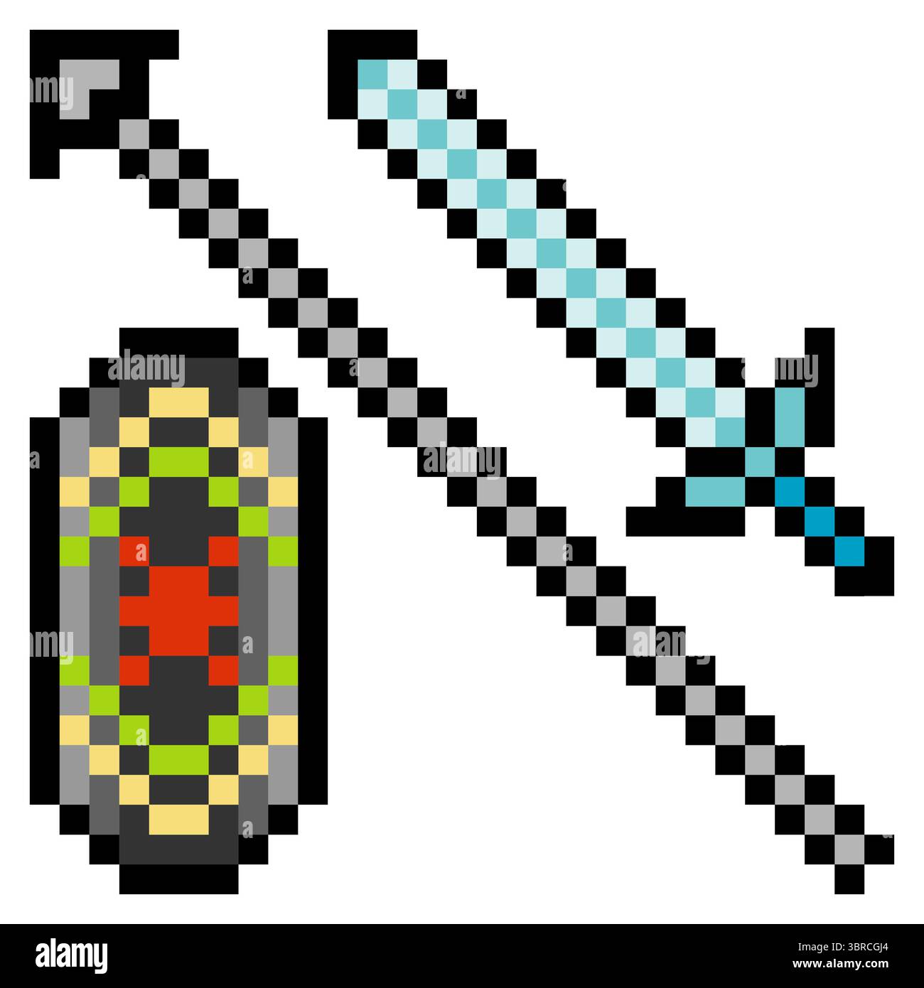 Tribal shield, spear and sword in pixel art isolated on white ...