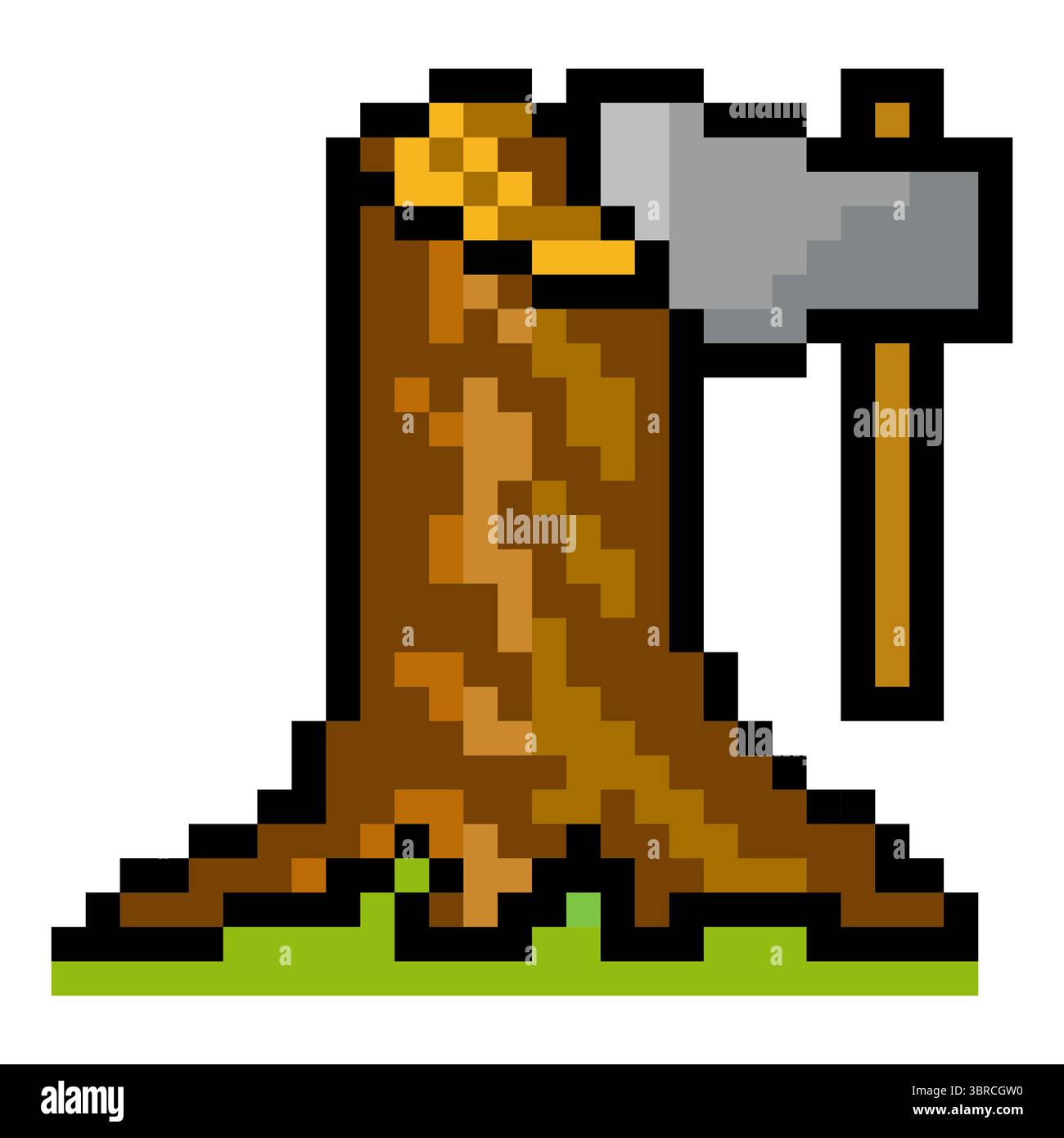 Tree stump with ax in pixel art style Stock Vector
