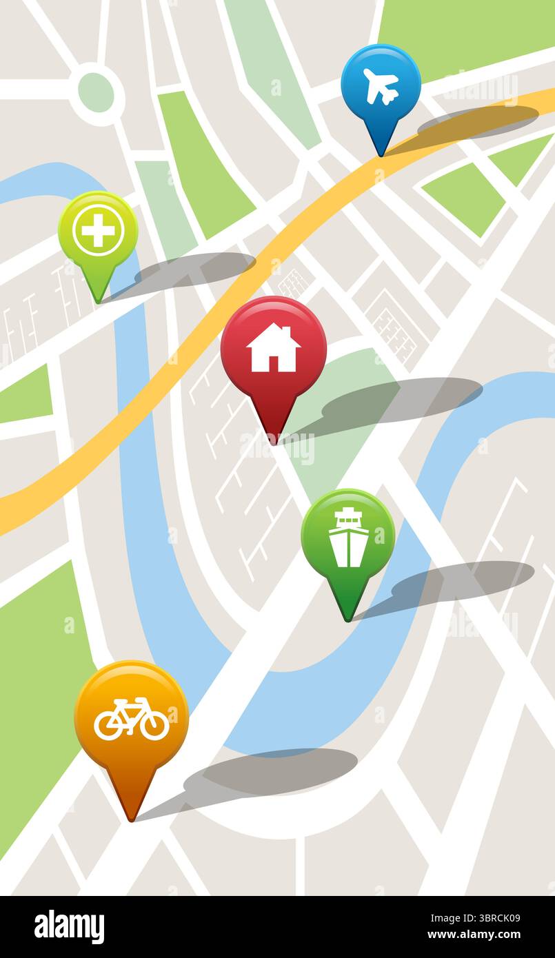 Navigation pointers with various representations on map Stock Photo