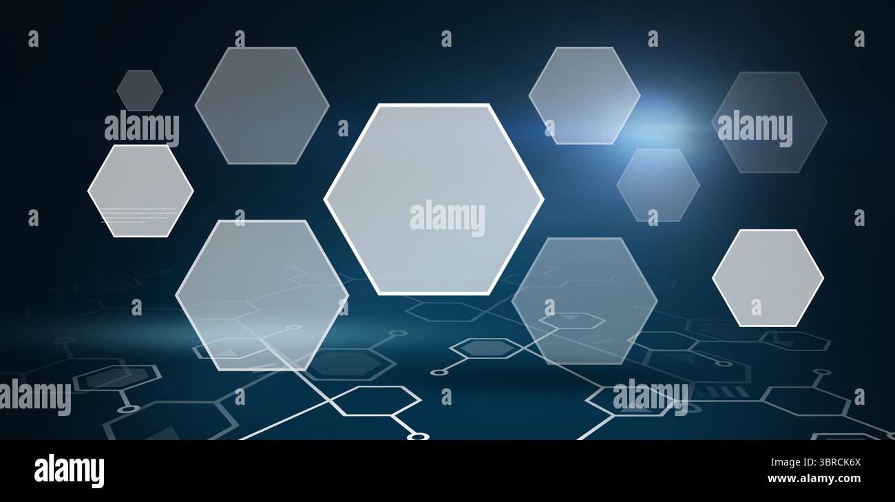 Large translucent hexagon is floating above blue gradient 3D interface, stylized circuit network Stock Photo