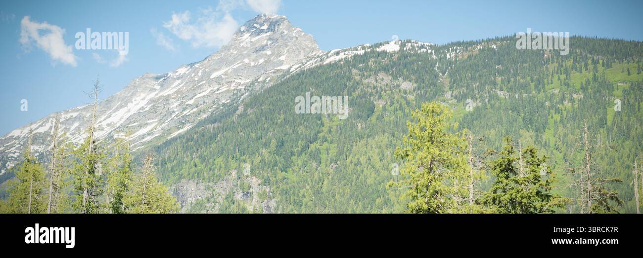 Rocky mountain peak is towering in flat design alpine scene, with snow ...