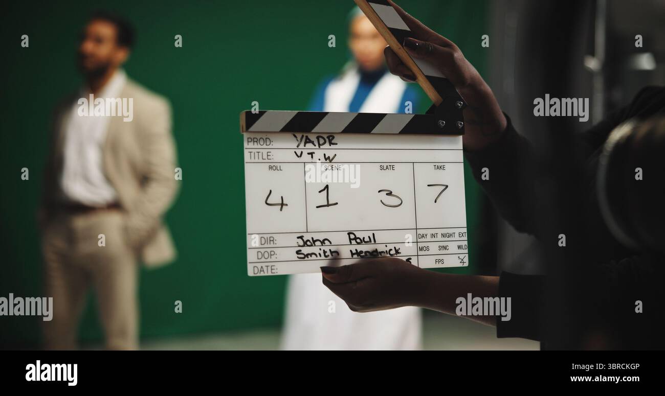 Person Producer And Hands With Clapperboard On Set For Take Action Or Person Producer And Hands With Clapperboard On Set For Take Action Or