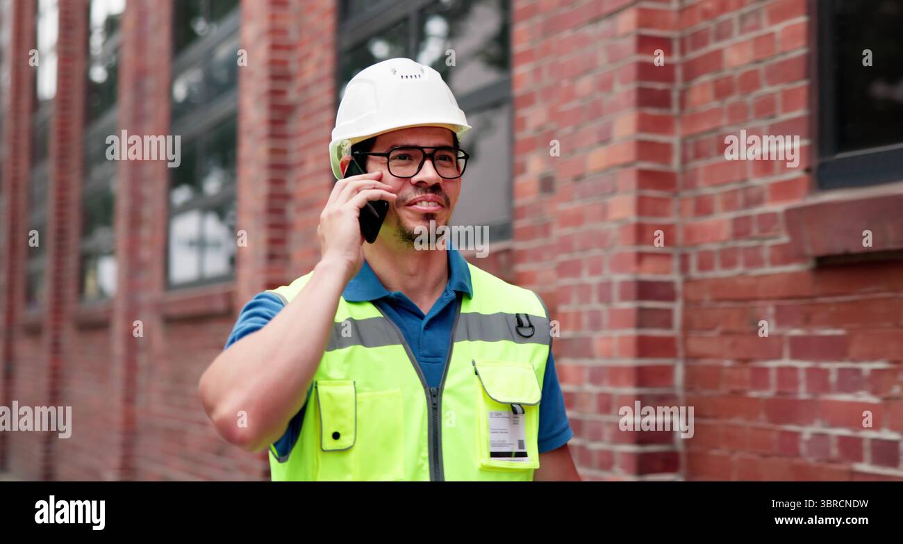Skilled Builder In Uniform Discussing Progress Over Phone Call Efficiently. Stock Photo