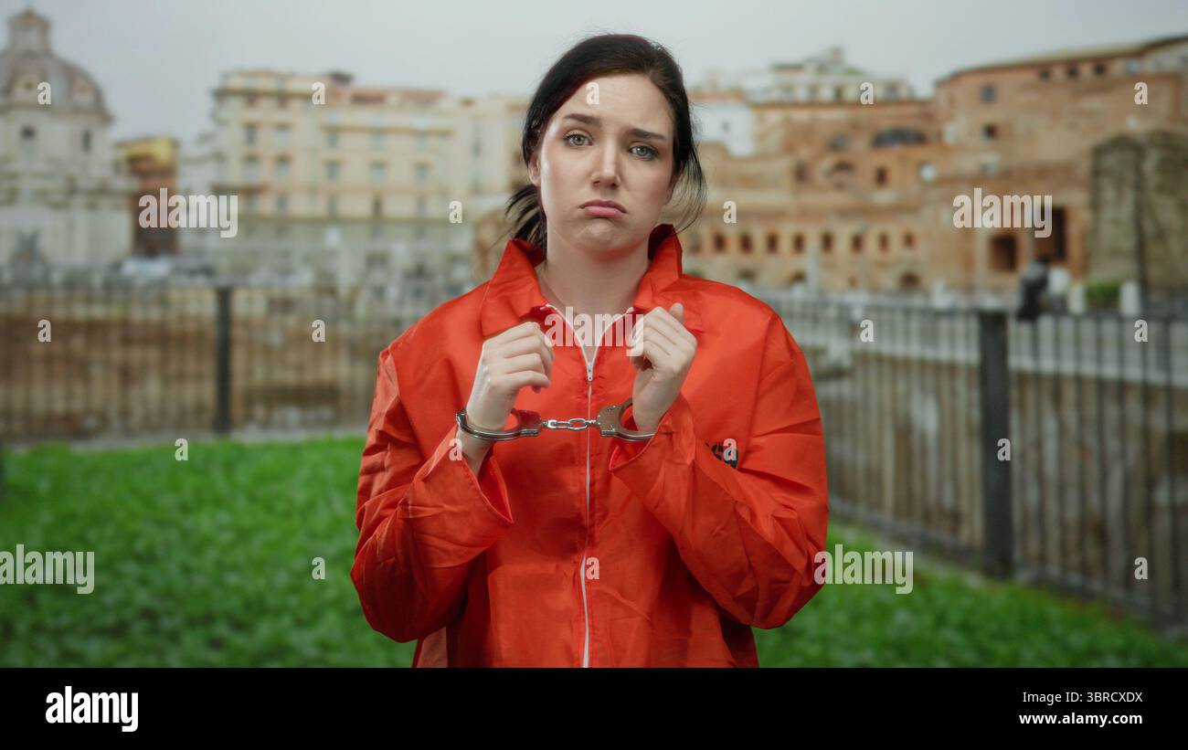 Woman in orange prison jumpsuit wearing handcuffs stands in roman ruins ...