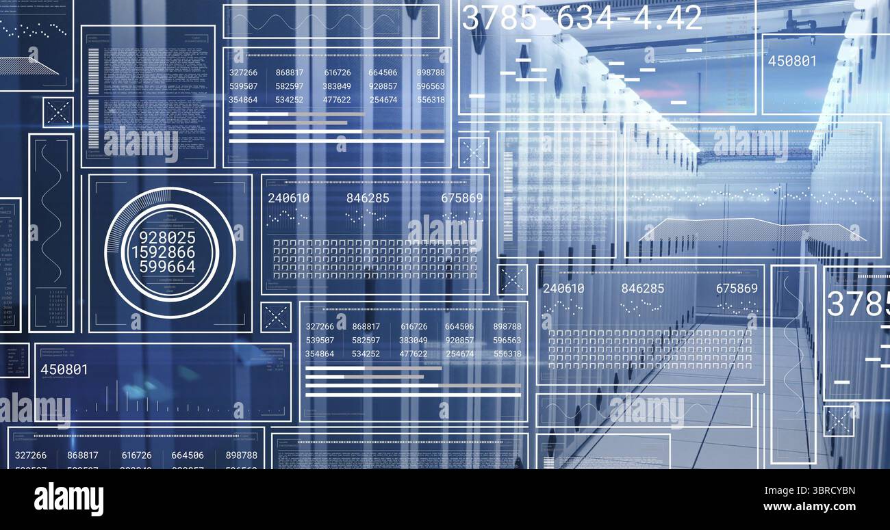Stretching white server cabinets lining secure data center corridor, with numeric display overlays Stock Photo