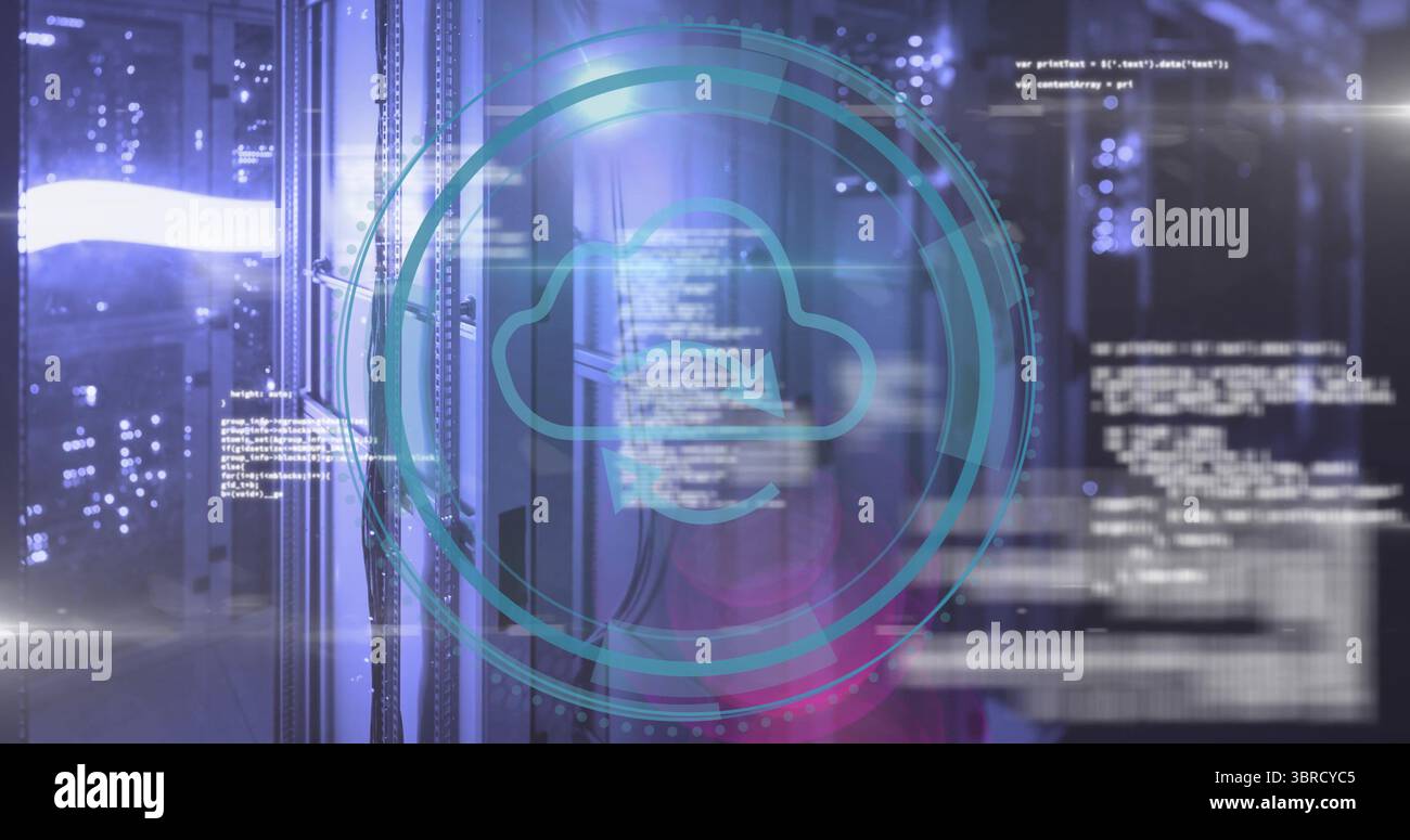 Glowing teal cloud computing graphic overlaying server racks and network cables, floating code Stock Photo