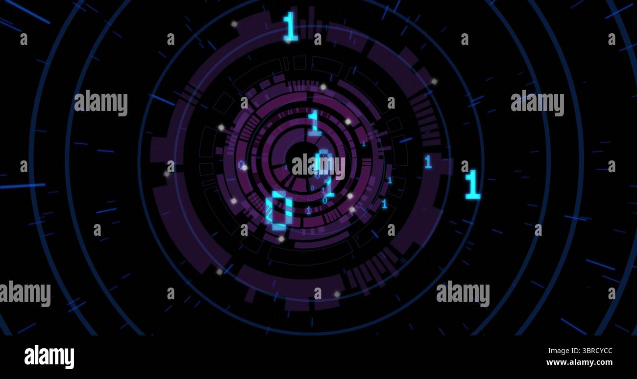 Rotating central digital rings revealing binary code in virtual data HUD, with glowing data nodes Stock Photo