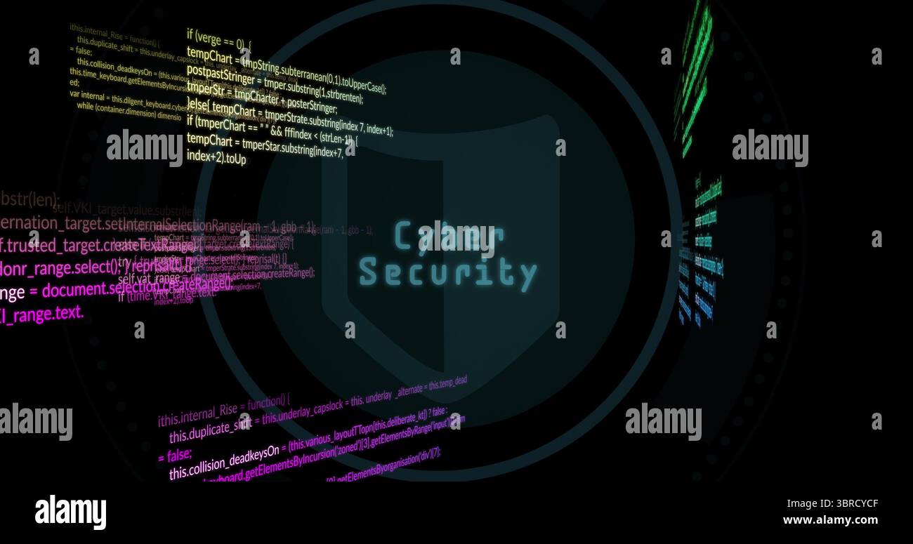 Displaying shield icon protecting data in cybersecurity dashboard, with code snippets and data bars Stock Photo