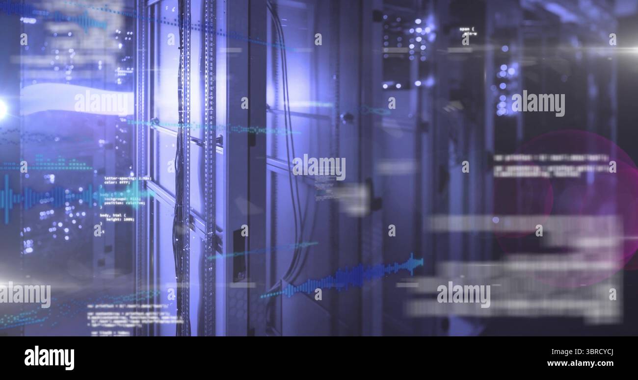 Displaying server rack showing holographic overlays in data center, with bundled cables, LED lights Stock Photo