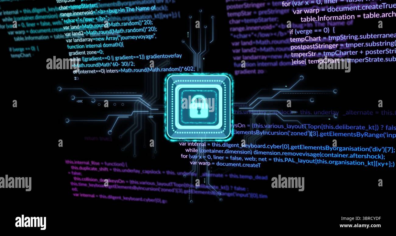 Glowing neon teal padlock icon within square frame radiating circuit lines, with code snippets Stock Photo