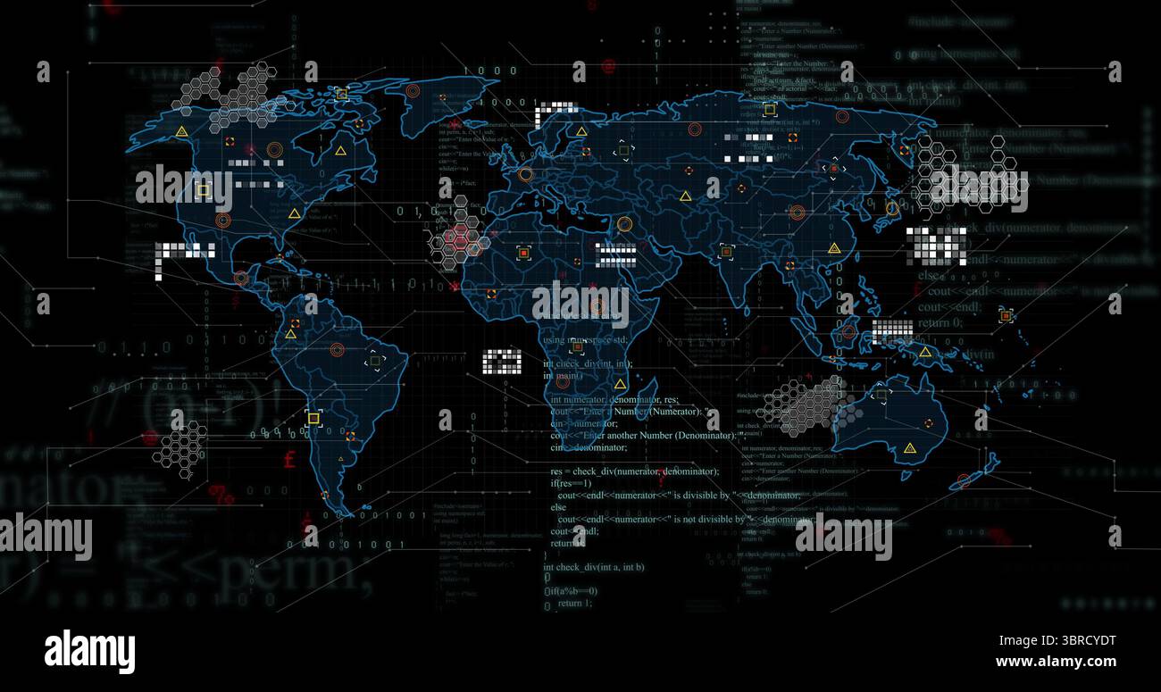 Displaying stylized world map on dashboard display, showing hex clusters and cascading green code Stock Photo