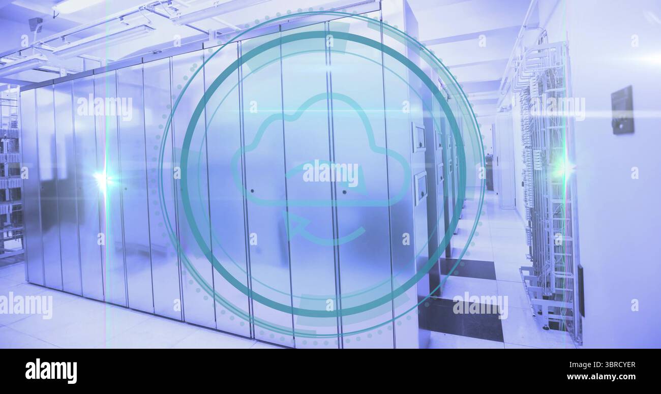 Glowing server cabinets reflecting LED glow in data center corridor, with cloud sync overlay Stock Photo