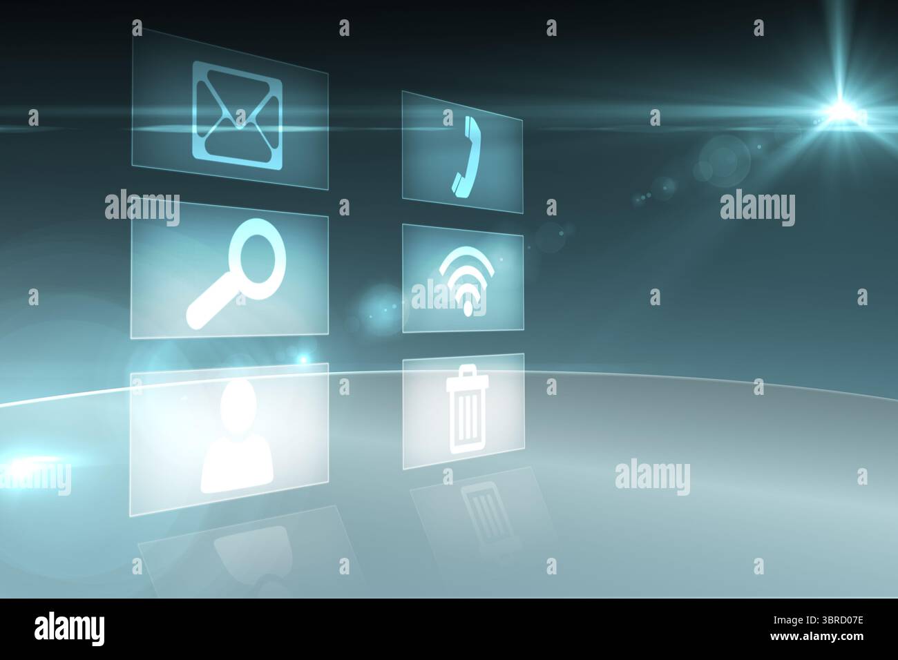Futuristic 3D render hologram icon panels are floating above reflective base over gradient backdrop Stock Photo