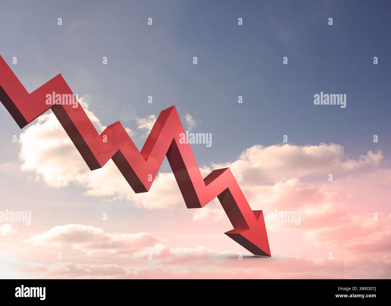Red arrow pointing down against sky Stock Photo