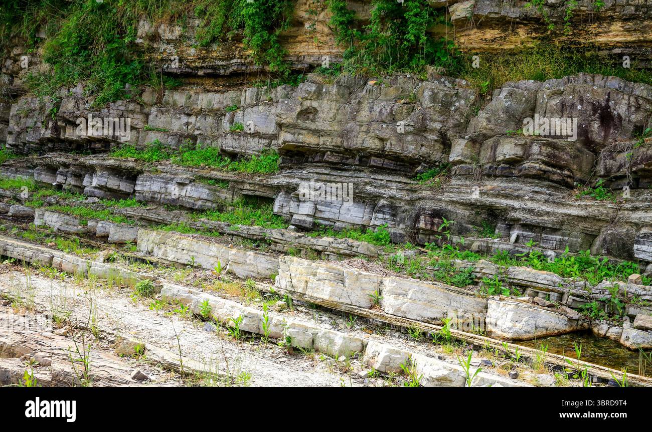 Actual photos of strata and faults found in a mountain cut for use in ...