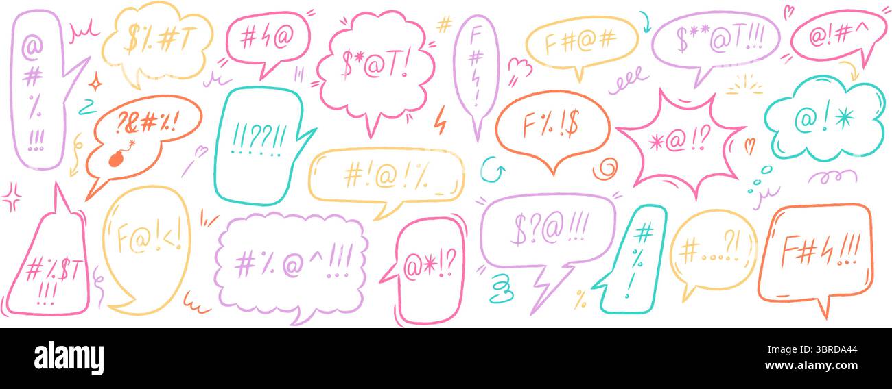 Hand drawn crayon swear speech bubbles set. Colorful doodle comic talk balloons with curse words, expletive symbols, and negative emotion. Vector illu Stock Vector