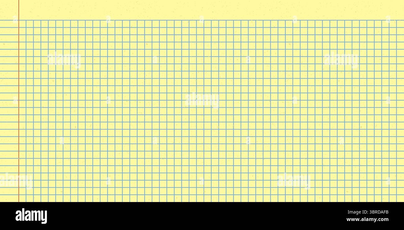 Yellow notebook sheet with grid and ruled line designs. Checkered legal ...