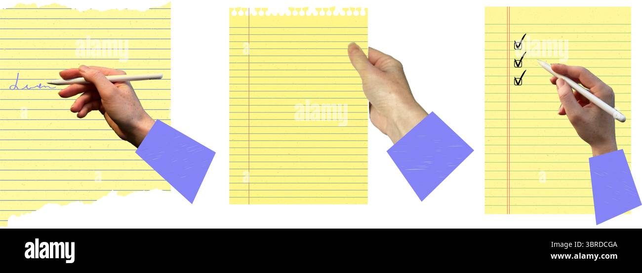 Yellow lined notebook paper set with halftone hands writing, holding ...