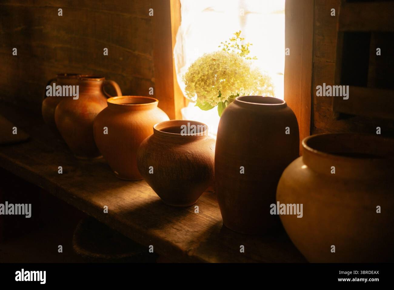 Old clay jugs. Pottery art Stock Photo