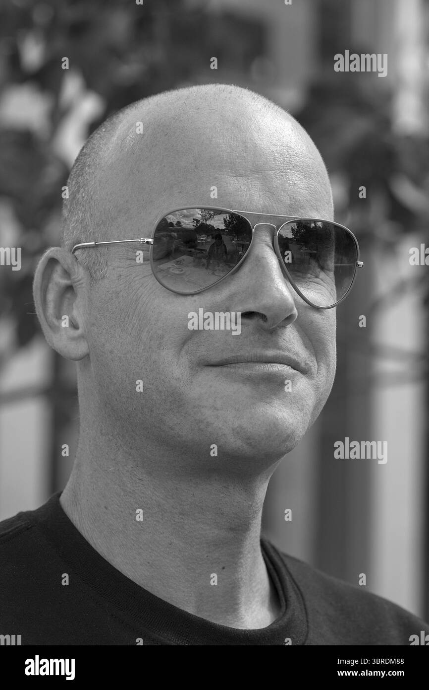 Young man with sunglasses, black and white, Baden-Wuerttemberg, Germany Stock Photo
