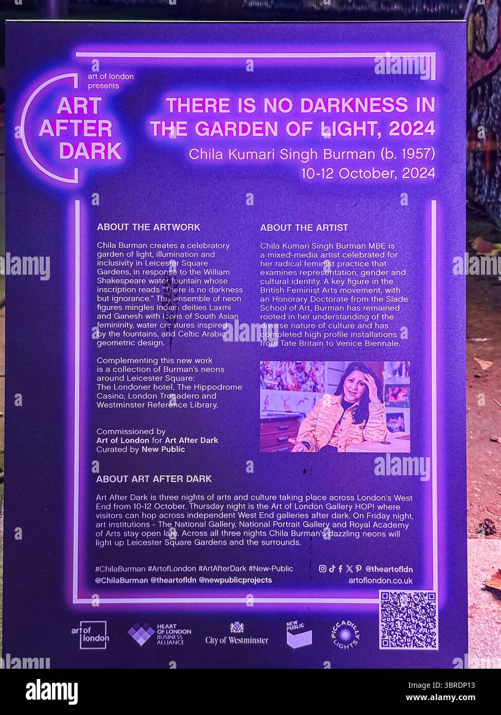 Art After Dark - There is no Darkness in the Garden of Light 2024.  Chila Kumari Singh Burman artwork in Leicester Square - Smartphone Captured Stock Image